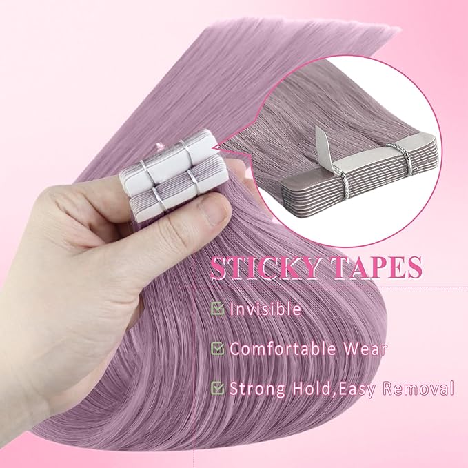 YoungSee Human Hair Tape in Extensions Purple Tape in Hair Extensions Lavender Real Hair Tape-in Extension Light Purple 12In Tape on Hair Extension for Party 20g 10pcs