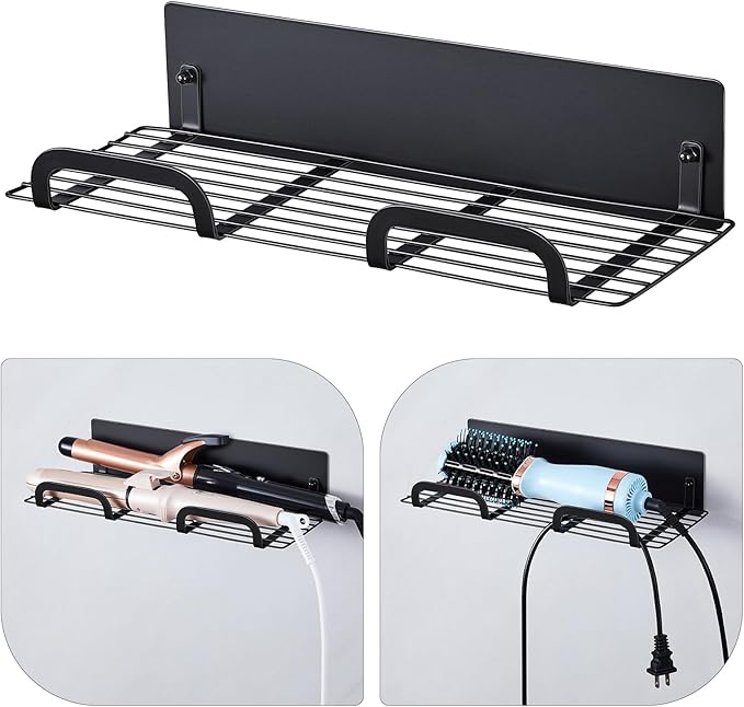Straighteners Holder Wall Mounted Metal Hair Dryer Holder for Curling Wands Accessories Adhesive Curling Iron Holder Hair Tool Organizer for Vanity Bathroom Barber Shops (Black)