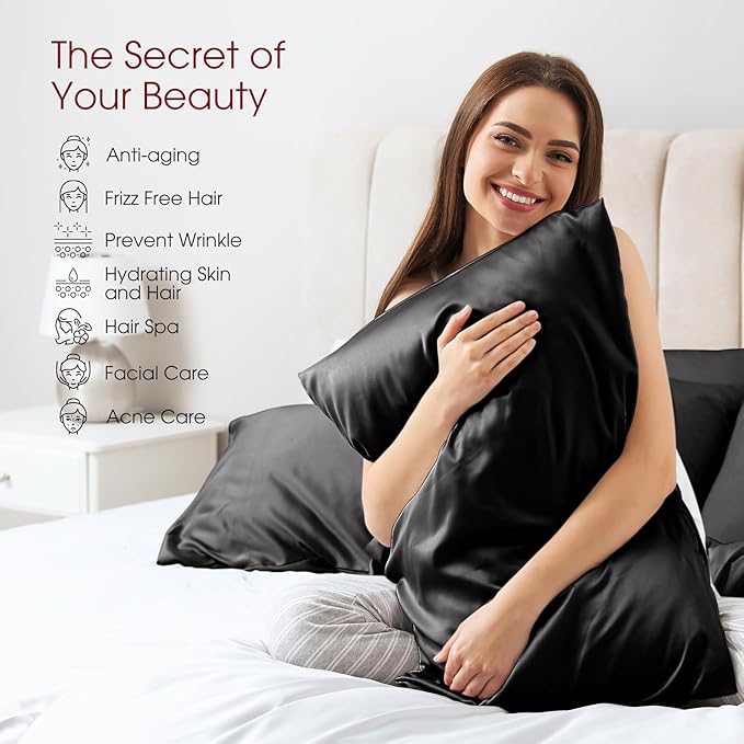 100% Silk Pillow Cases 2 Pack King Size Mulberry Silk Pillowcase for Hair and Skin Set of 2 Highest Grade 6A Silk Soft Breathable Cooling with Hidden Zipper, Black