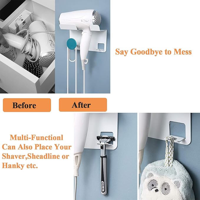 Hair Dryer Stand Holder Wall Mounted, New Upgrade Punching Or Nails-Free Glue Two Ways Blow Dryer Holder Rack Organizer for Dyson Supersonic Hair Dryer(White+Blue)