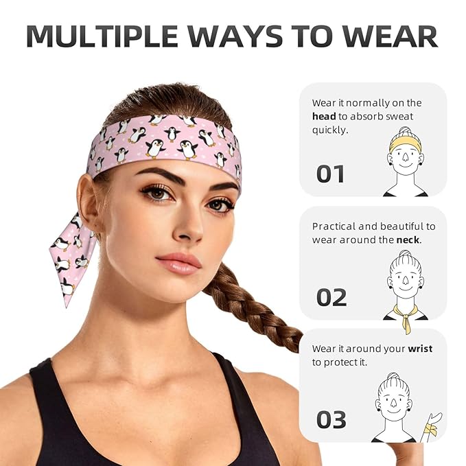 Men's Women Novelty Sports Sweat Bands Hair Decor for Sports Workout Spa, Long Boho Style Cute Cartoon Penguin And Heart Pink Head Band Headdress
