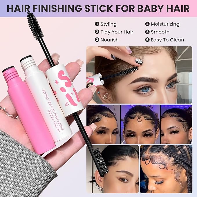 CHIKYO Hair Wax Stick, Edge Control Stick for Baby Hair, Slick Back Hair Brush, Flyaway Control, Edge Brush, Rat Tail Comb, Finishing & Coloring & Cleaning Styling Tools Set for Women, Men, Kids(6PCS)