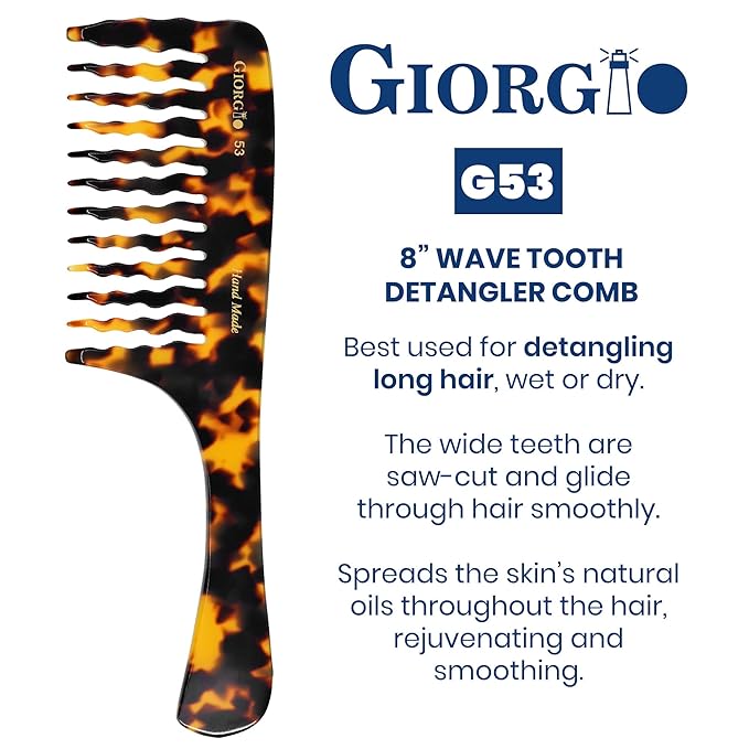 Giorgio G53 Handmade Rake Comb for Curly, Thick and Wet or Dry Hair - Wide Tooth, Detangling and Hand Polished (8")