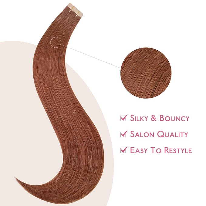 WENNALIFE Tape in Hair Extensions - Human Hair Dark Auburn Copper, 10pcs 30g 22 inch Remy Invisible Tape Ins Straight Colored Soft Real Human Hair Refill Set
