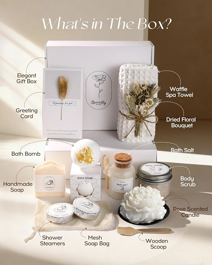 Coralogo Coconut Spa Gifts for Women - 15pc Self-care Spa Gift Basket with Bath Salt, Greeting Card - Thinking of You Basket for Her Birthday, Christmas, Mother's Day, Valentine's Day