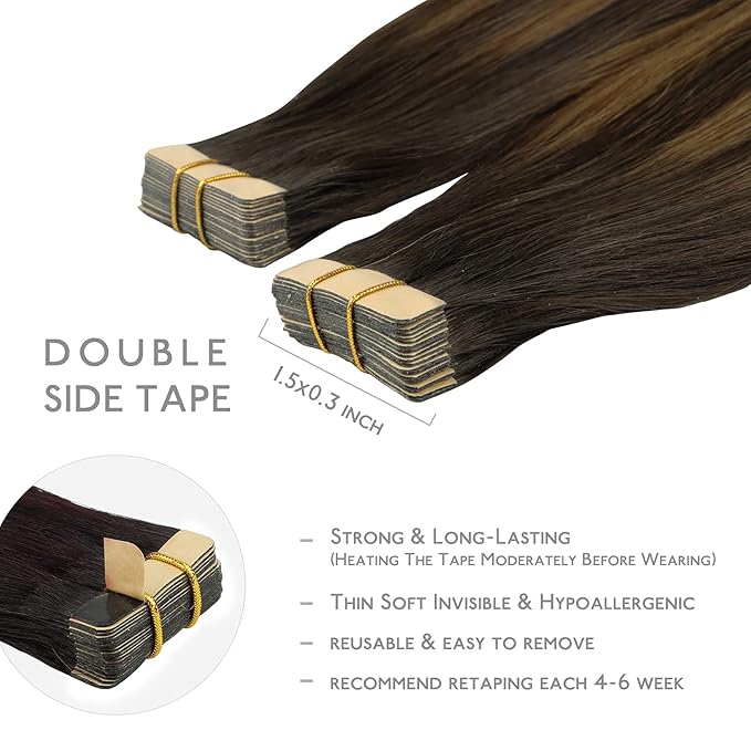WENNALIFE Tape in Hair Extensions Human Hair, 20pcs 60g 26 inch Balayage Dark Brown Mixed Chestnut Brown Remy Hair Extensions Straight Human Hair Tape in Extensions Skin Weft Extension