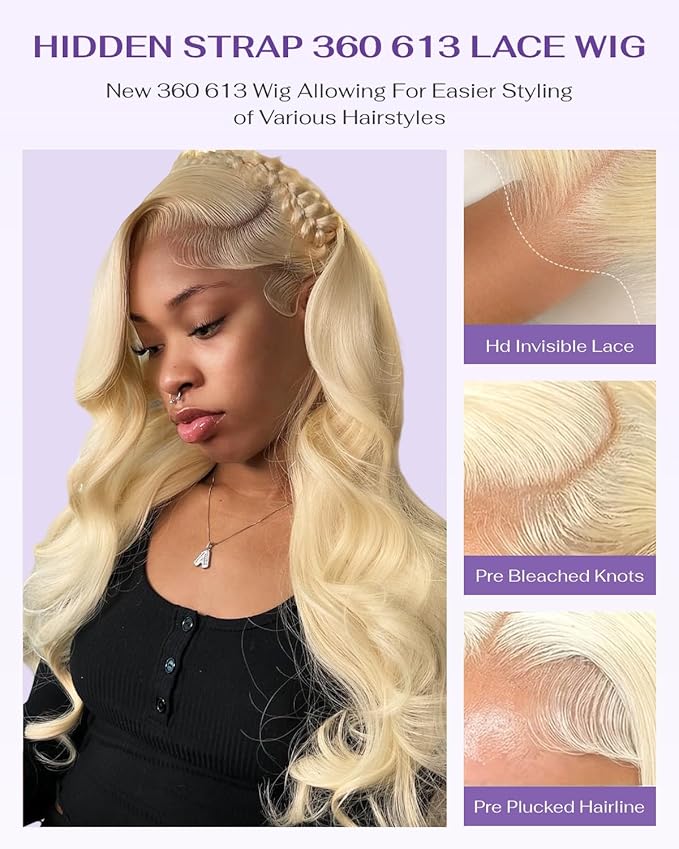 Hidden Strap Body Wave 360 613 Lace Front Wig Human Hair Glueless Wigs Human hair Pre Plucked Pre Bleached 180% Density Blonde Wig With Drawstring HD Full Lace Human Hair Wigs 28Inch