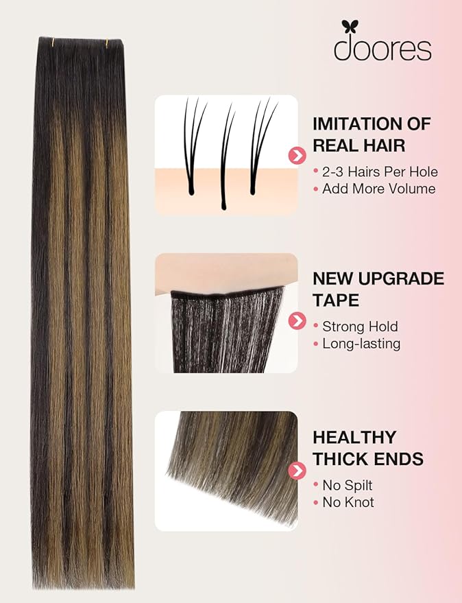 DOORES Invisi Edge Tape in Wide Hair Extensions Human Hair, Dark Brown to Chestnut Brown 4PCS Injection Tape ins 20g 14 Inch, Virgin Human 3 Inch Wide Injected Extensions Invisible