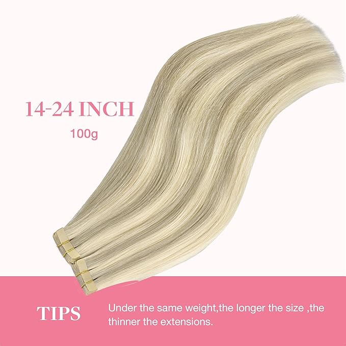 GOO GOO Tape in Hair Extensions Human Hair, 17A/60A Ash Blonde Highlighted Platinum Blonde, 10inch 60g 40pcs, Skin Weft Seamless Invisible, Silky Straight with Thick Ends, Remy Human Hair