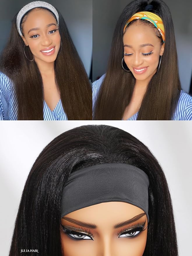 Julia Hair 12A Headband Wig Human Hair Yaki Straight Glueless None Lace Half Wig With Pre-attached Scarf Ombre Chestnut Brown Highlight With Dark Roots for Black Women Put on and Go 16 Inch