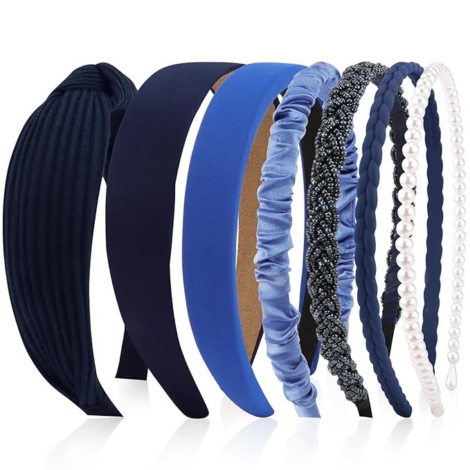 VELSCRUN Headbands for Women 7 Pcs Different Navy Blue Knotted Solid Pearl Head Bands Non Slip Hair Band for Womens Gilrs Thin Thick Short Hair Fashion Accessories