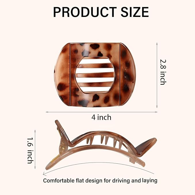 4 PCS Flat Claw Clips, Round Large Flat Hair Clips for Women,French Strong Hold Hair Barrettes for Thick Thin Hair(Leopard)