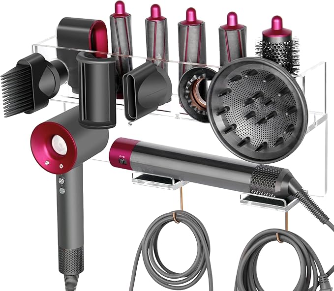 Wall Mount Holder Compatible with Dyson Airwrap Styler Supersonic Hair Dryer, Organizer for Storage Attachments, Rack with Hooks for Accessories Nozzles Barrels Brushes