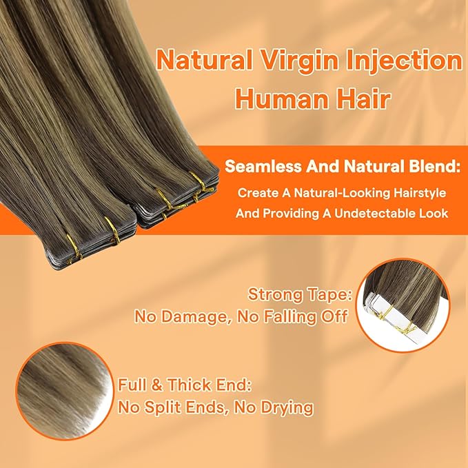 Full Shine Invisible Tape in Hair Extensions Human Hair 20Inch Color BM Injection Virgin Tape in Extensions 25Grams Seamless Skin Weft Human Hair Extensions Tape ins 10Pcs Add Length