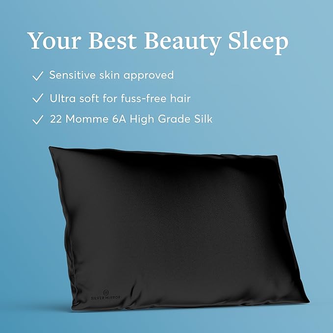 Black Silk Pillow Case, Fits Standard Queen Pillow, 100% Mulberry Silk Pillowcase 22mm, 6H High-Grade Fibers, 100% Silk Pillowcase for Healthy Skin & Hair