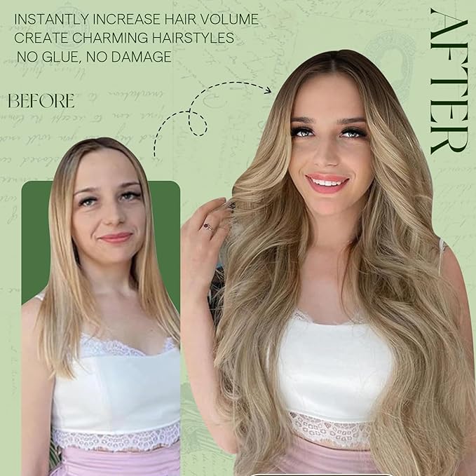 RUNATURE Clip in Hair Extensions Real Human Hair, Balayage Human Hair Clip in Extensions for Women, Thick Natural Remy Hair, Straight 14 Inch 120g 7pcs #3/8/22 Brown Root to Blonde