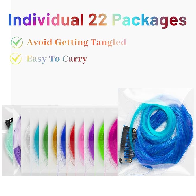 Colored Hair Extensions Curly Wavy Accessories for Girls Women,Multi-colors Party Highlights Clip in Synthetic Rainbow Hairpiece for Kids Christmas Favors Gift(22 PCS Colorful)