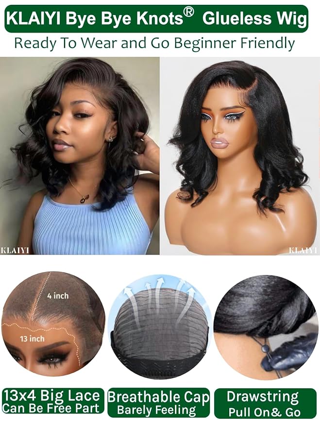 KLAIYI Light Yaki Straight Bob Loose Wave Pre Everything 13x4 Lace Front Wigs Human Hair Precut Lace Pre Plucked Bleached Glueless Wear and Go Wigs for Women Bye Bye Knots Wig Beginner Friendly 12Inch