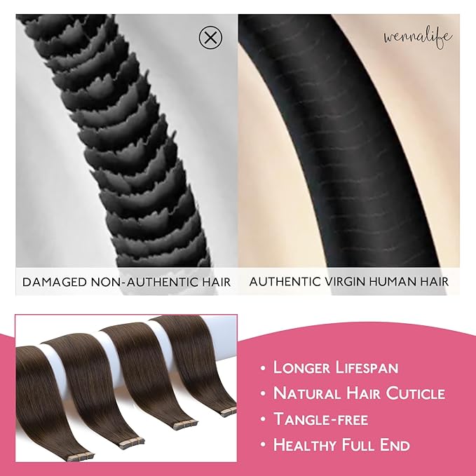 WENNALIFE Tape in Hair Extensions Human Hair Chocolate Brown Tape in Extensions, 10pcs 20g 10 inch Remy Invisible Tape Ins Straight Soft Real Human Hair