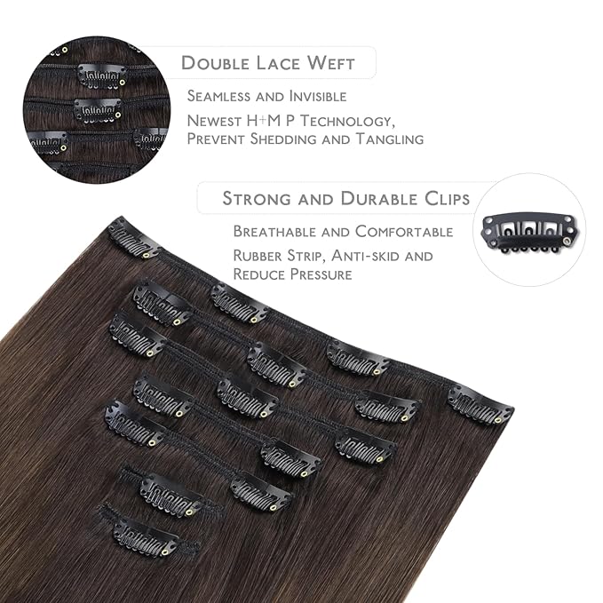 WENNALIFE Clip in Hair Extensions Real Human Hair, 24 Inch 120g 7pcs Human Hair Extensions Clip In Human Hair, Ombre Dark Brown to Light Chestnut Brown Clip In Real Hair Coloured Remy
