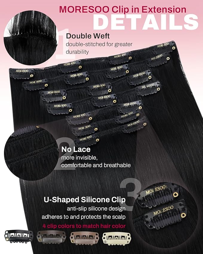 Moresoo Clip in Hair Extensions Black Women Double Weft Human Hair Clip in Extensions Black Hair Extensions Clip ins Real Human Hair Jet Black 7pcs/135g 16inch