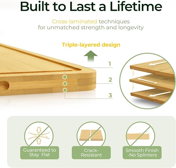 4-Pcs Natural Wood Cutting Board Set Kitchen Tools with Juice Groove, Wooden Chopping Board for Meat, Fruit, Vegetables & Cheese (Pre Oiled, Natural)