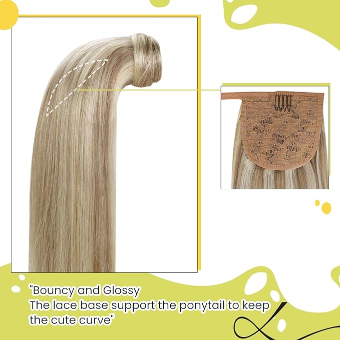 RUNATURE Ponytail Extension Human Hair Blonde, Real Hair Ponytail Extension, 20 Inch Human Hair Ponytail, Long Ponytail Hair Extensions, Remy Natural, 80g #8P60 Light Brown Highlight Platinum Blonde