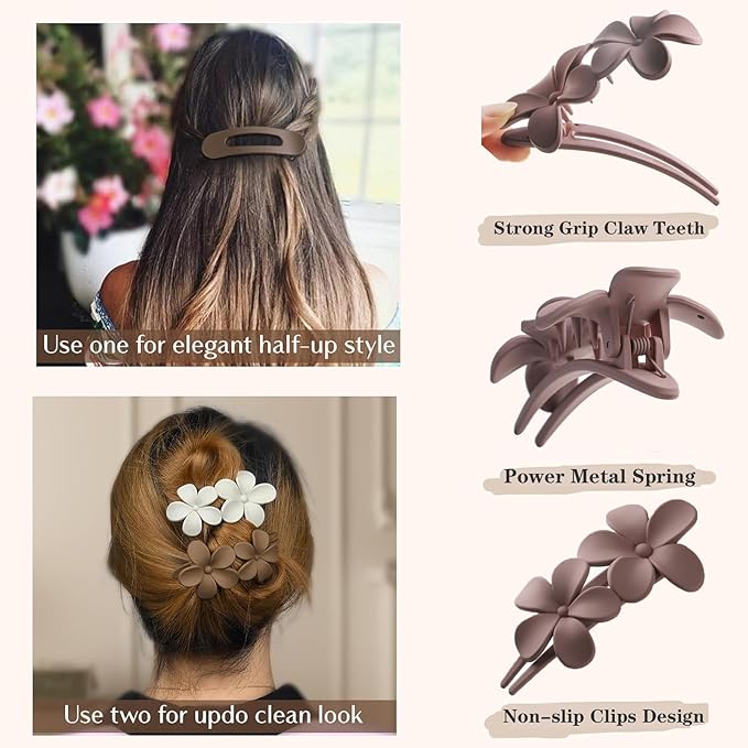 5 Pcs Flat Hair Clips, Medium Lay Flat Claw Clips for Women Girls,2 Styles Strong Hold Non-slip Matte Hair Claws for Thick Thin Hair(Brown&Purple)