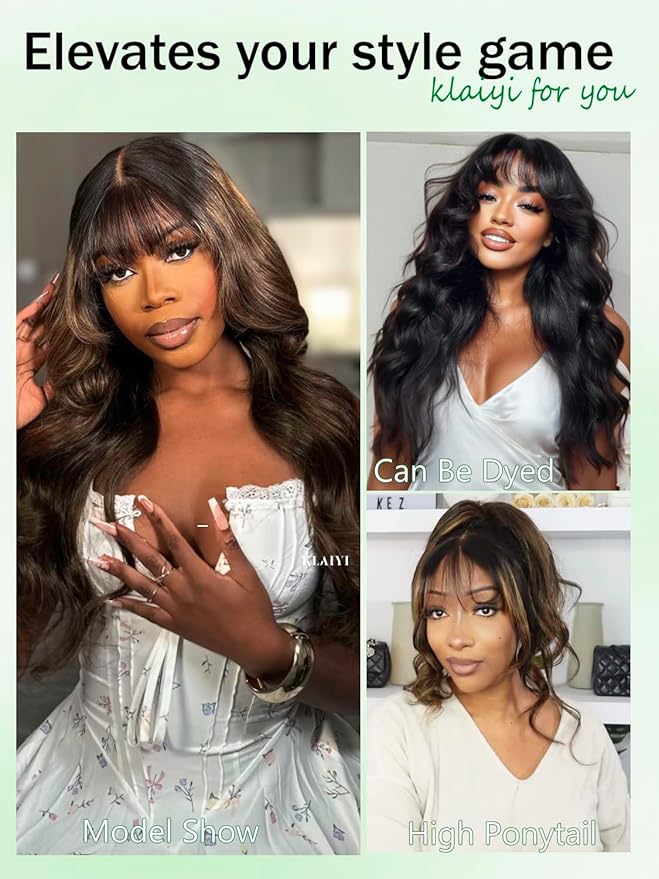 KLAIYI Ombre Brown Loose Body Wave Bye Bye Knots Glueless Precut 7x5 HD Lace Front Human Hair Bang Wig Drawstring Highlight Balayage Brown Pre Plucked Bleached 30S Ready to Wear and Go Wig 180% 18Inch