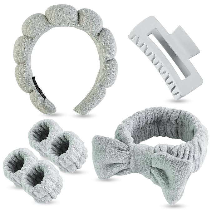 7 Pcs Spa Set, Facial Headband and Wristband Set, Skincare Accessories, College Style Girl Idea Gifts, Hair Accessories for Women and Girls（Grey）