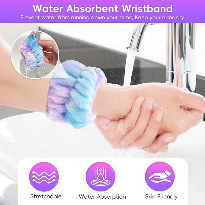 Facial Cleansing Brush, Headband for Washing Face with Silicone Double Side Manual Face Scrubber Brush, Skincare Headband and Wristband Set, 2 Hair Scrunchie, for Makeup Rainbow