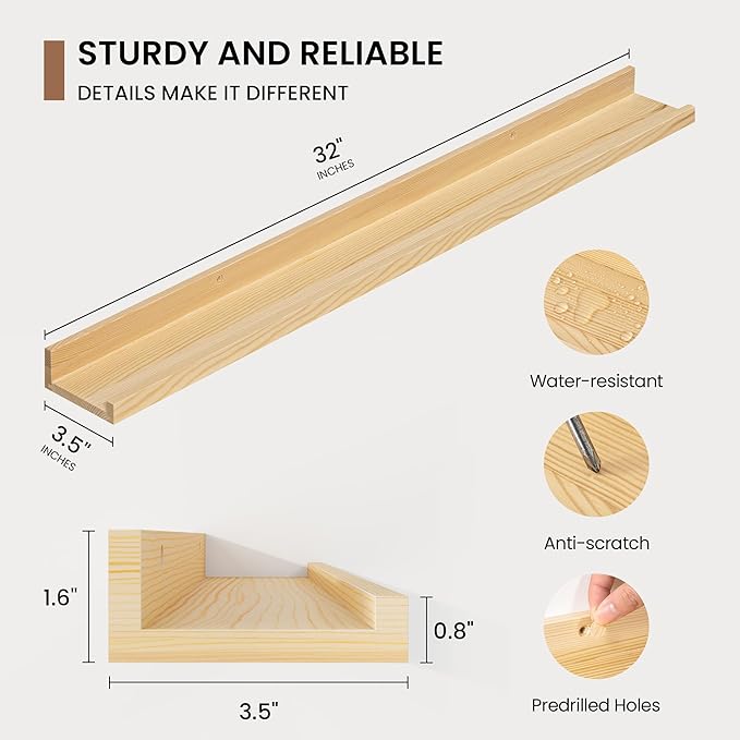 Picture Ledge Shelf, Solid Pine Wood Floating Shelves Set of 2, 32 Inches Nursery Book Shelves for Toys Storage, Kids Bookshelf Wall Mounted for Living Room Decor Photo Frames, Unfinished Natural