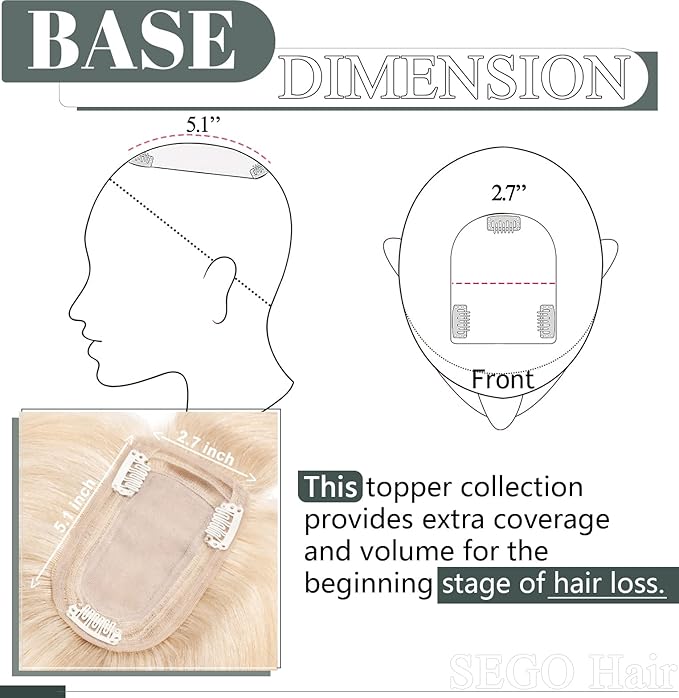 SEGO Hair Toppers for Women Real Human Hair with Thinning Hair, Toppers Hair Pieces Clip in Toppers Straight Hair Pieces with Front Bangs -6 Inch #18/613 Ash Blonde Mix Bleach Blonde