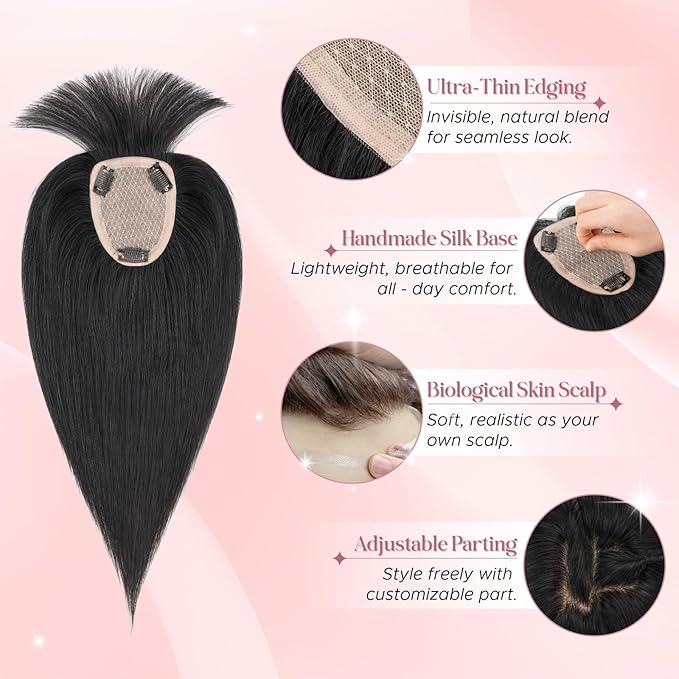 Real Human Hair Toppers for Women 3.54"*4.72" Silky Base 150% Density With Bangs Adjustable Parting Clip-In Topper Hairpieces for Women with Thinning Hair 12 Inches Dark Black