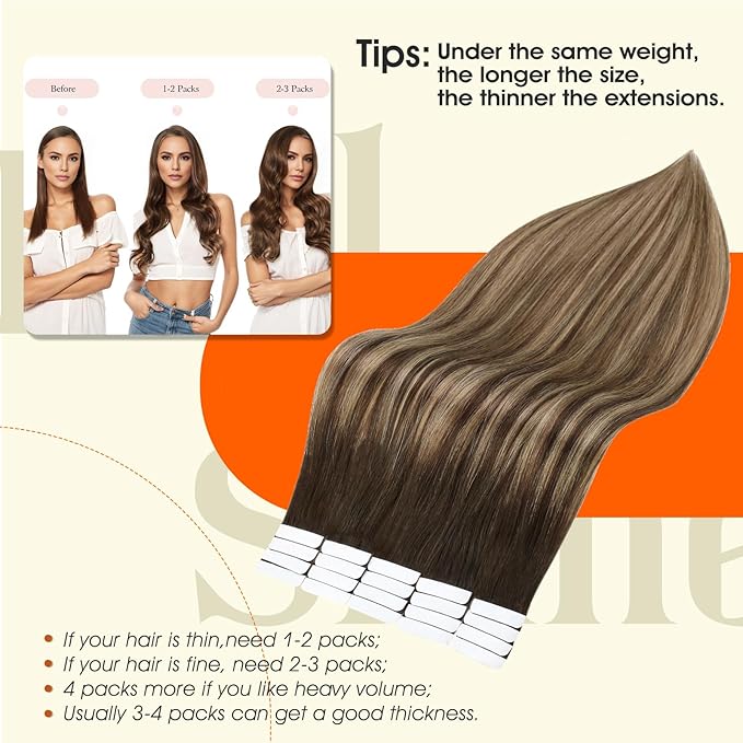 Full Shine Hair Extensions Tape in Color 2 Darkest Brown Ombre 3 Darker Brown And 27 Caramel Blonde Long Tape in Hair Extensions Remy Seamless Invisible Skin Weft 18Inch 50G 20Pcs Natural Straight
