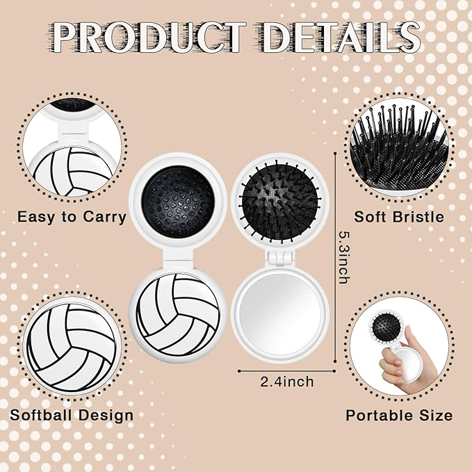 12 Pcs Volleyball Mini Detangler Brush, Folding Mirror Hair Brushes, Mini Travel Hair Brush, No Tangle Soft Flexible Bristles for Straight, Curly, Thick Hair for Volleyball Team Gift Sport Party