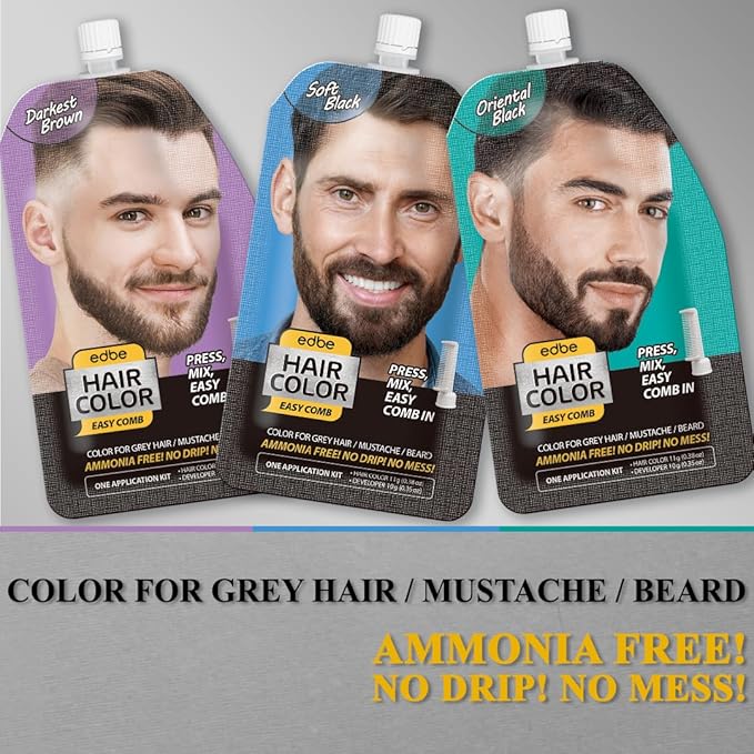 Edbe Hair Color Easy Comb Soft Black (2 Pack) - Grey Hair Mustache and Beard Coloring for Men with One Application Kit……