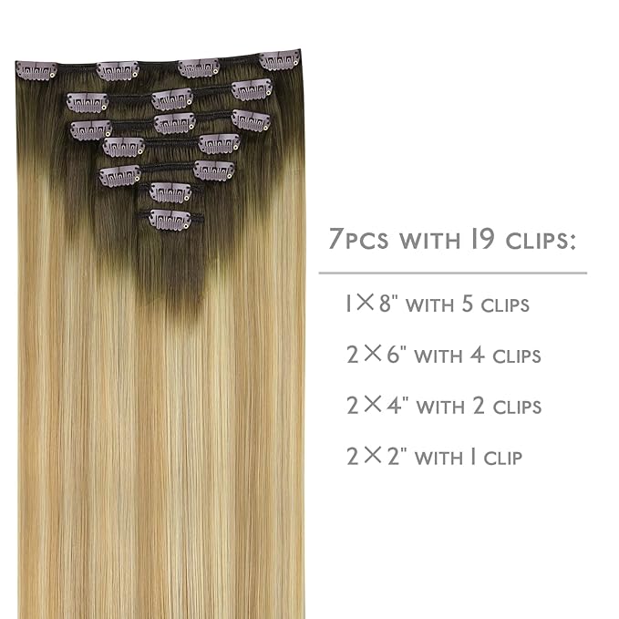 WENNALIFE Clip in Hair Extensions Real Human Hair, 20 Inch 120g 7pcs Remy Hair, Balayage Light Ash Brown to Light White Blonde Hair Extensions Clip In Real Hair Coloured