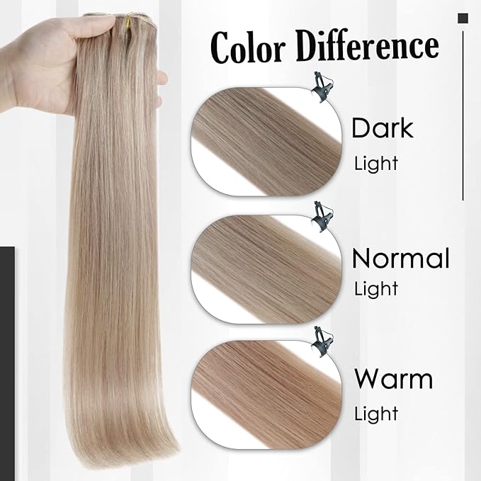 Full Shine Clip in Hair Extensions 3 Pcs 60 G Ash Blonde Highlights Bleach Blonde Human Hair Extension Clip ins Invisible Hair Extensions for Thin Hair 20 Inch