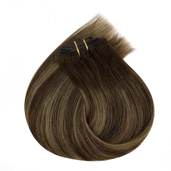 Ve Sunny Human Hair Clip in Extensions Brown Balayage Clip in Hair Extensions Ombre Dark Brown to Caramel Blonde Hair Extensions Real Human Hair Clip in 7pcs 20inch 120g