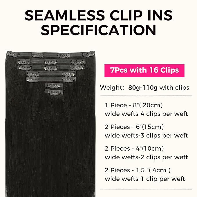Lashey Seamless Clip in Hair Extensions Real Human Hair 110g Straight 16 Inch 7pcs Natural Black Remy Clip in Extensions with PU Weft for Women