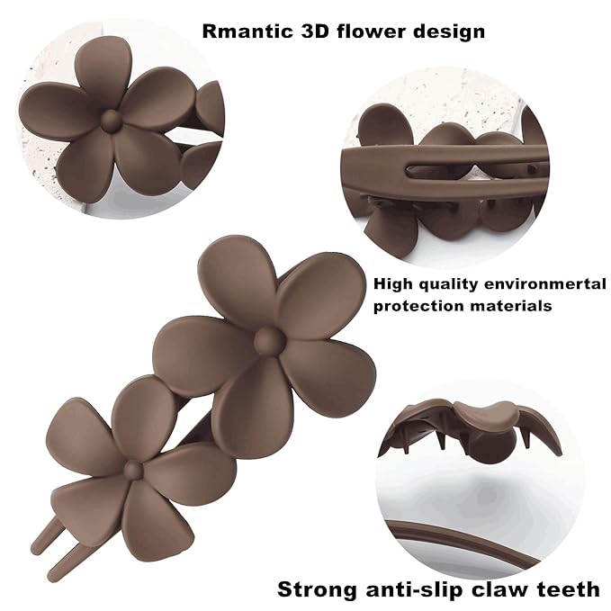 8 Pcs Flat Hair Claw Clips, Matte Flower Hair Clips and Flat Clips, 2 Style Beach Tropical Party Strong Hold Jaw Hair Clips for Women Girls Thin Thick Curly Straight Hair Accessories