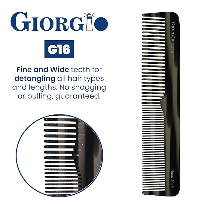 Giorgio G16 Fine Tooth and Wide Tooth Detangler Comb - Hair Comb for Men and for Women - Ideal as a Hair Styling Barber Comb and Detangler - Saw Cut and Handmade (Black Graphite)
