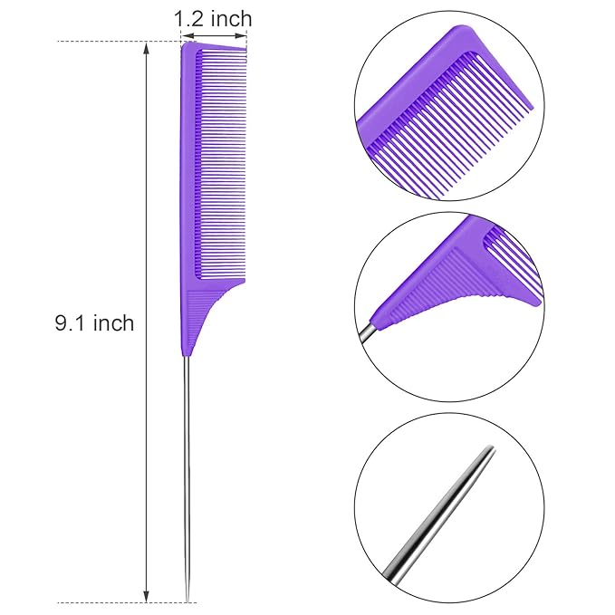 Leinuosen 3 Packs Rat Tail Comb Steel Pin Rat Tail Carbon Fiber Heat Resistant Teasing Combs with Stainless Steel Pintail ()