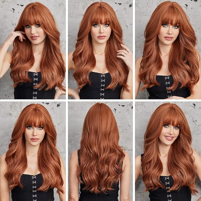 EMMOR Orange Brown Long Wigs for Women, Natural Wavy wig with Bangs Heat Resistant Fiber Synthetic Wigs for Daily Party（Strawberry blonde）