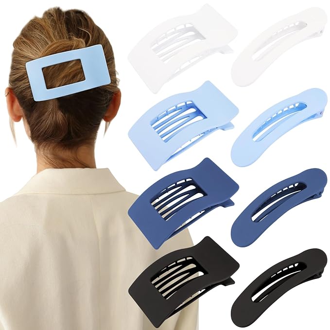 Velscrun Flat Hair Clips for Women Girls, 2 Styles 8 Pcs Lay Flat Claw Clips, Strong Hold French Duck Billed Large Side Hair Jaw Clip for All Hair Types, Fashion Trendy Hair Accessories Blue