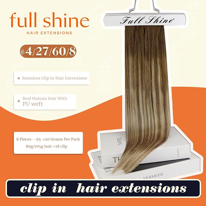 Full Shine Clip in Human Hair Extensions Balayage Clip in Hair Extensions Medium Brown to Honey Blonde and Light Brown Real Hair for Women 14 Inch 8 PCS 120 G