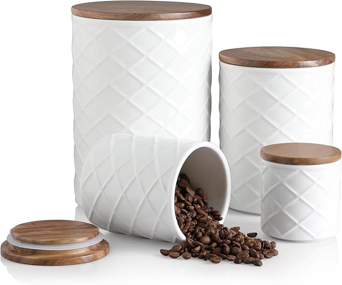 Sweejar Ceramic Canisters Sets for Kitchen Countertop, Relief Food Storage Jar with Bamboo Lid, Stackable Container for Flour, Coffee, Pasta, Cereal, Tea, Sugar, Spices, Pack of 4 (Walnut White)