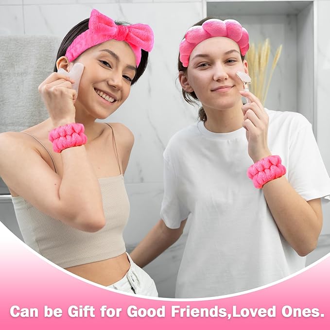 Zkptops 6Pcs Spa Headband for Washing Face Wristbands Set Women Bubble Skincare Makeup Sponge Terry Cloth Padded Puffy Headband Bow Tie Hairband Cute Non Slip Thick Hair Accessory Gifts (Rosy Red)