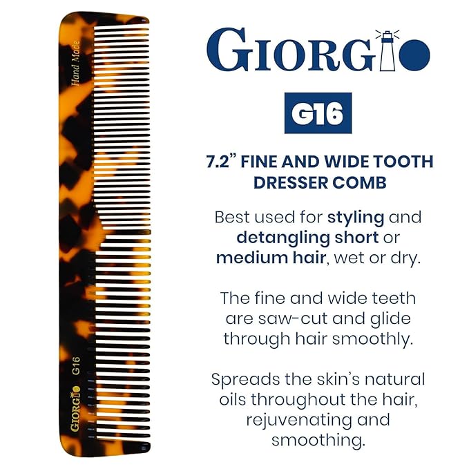 Giorgio G16 Fine and Wide Tooth Handmade Hair Comb - Detangling Styling Barber Comb for Men and Women - Saw Cut Detangler